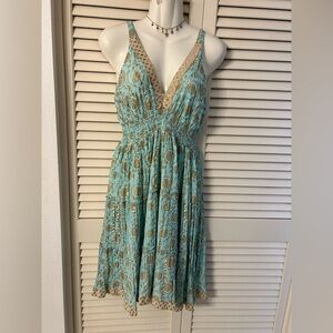 Turquoise and Gold Lace-Trim V-Neck  Dress smocked boho